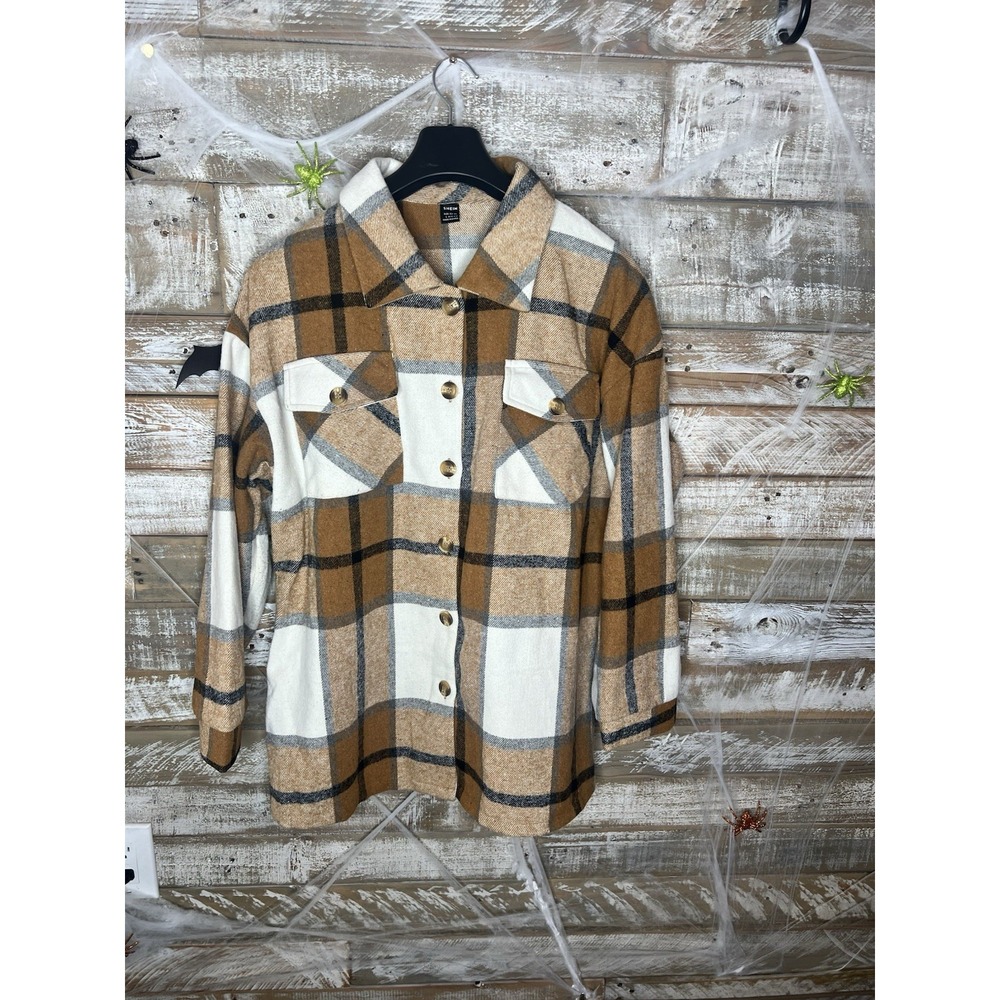 Shein long sleeved Plaid brown button up shirt L
